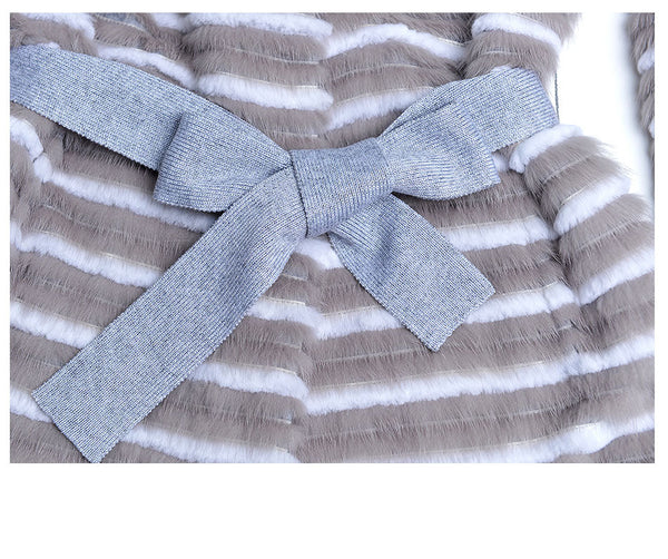 Women Casual Long Warm Knitted Real Natural Mink Fur Jackets Noble With Belt  -  GeraldBlack.com