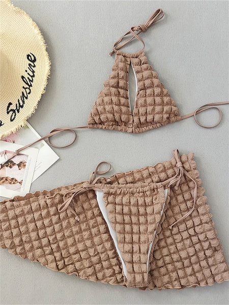 Women Cut Out Cover Up 3 Pieces Bikini Set with Skirt String Thong Bathing Suit Swimsuit Swimwear  -  GeraldBlack.com