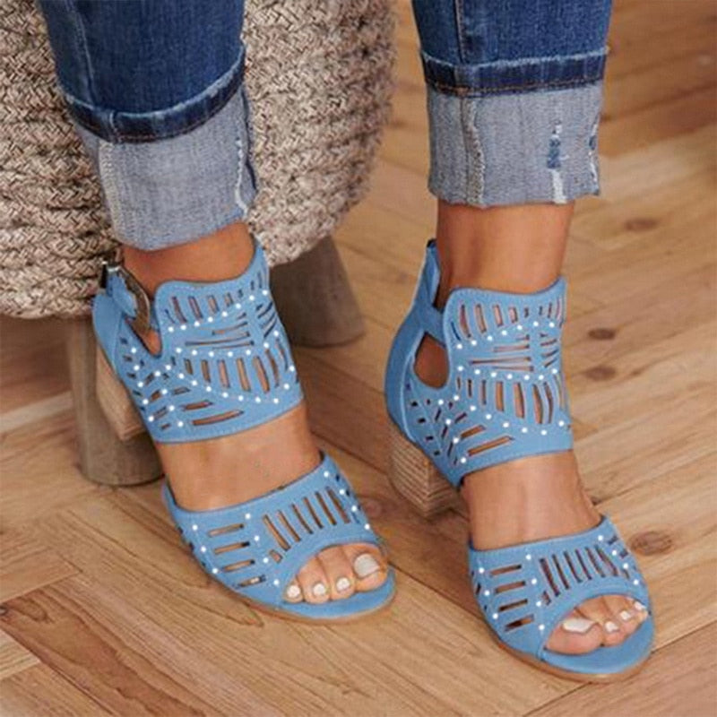 Women's Vintage Style Hollow Out Peep Toe Casual High Square Heels 1 Women's Vintage Style Hollow Out Peep Toe Casual High Square Heels
