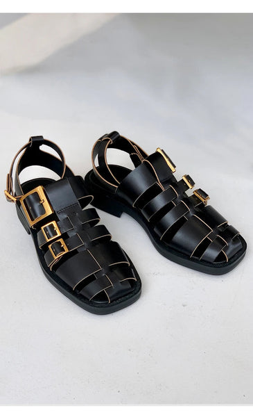 Women Genuine Leather Covered Toe Ankle Strap Beach Black Vintage Roman Sandals  -  GeraldBlack.com