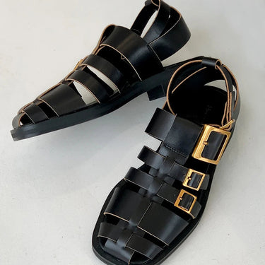 Women Genuine Leather Covered Toe Ankle Strap Beach Black Vintage Roman Sandals  -  GeraldBlack.com