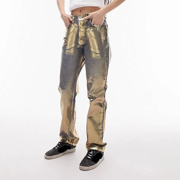Women Golden Metallic Print Wide Leg Street Ice Foil Graffiti Printing Denim Pants  -  GeraldBlack.com
