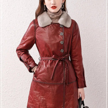 Women Leather Medium Long Mink Fur Collar Real Sheepskin Winter Down Coats  -  GeraldBlack.com