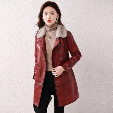 Women Leather Medium Long Mink Fur Collar Real Sheepskin Winter Down Coats  -  GeraldBlack.com
