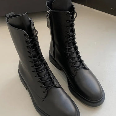 Women Leather Round Toe Lace Up Zipper Ankle Mid Boots Winter Shoes  -  GeraldBlack.com