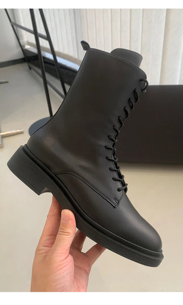 Women Leather Round Toe Lace Up Zipper Ankle Mid Boots Winter Shoes  -  GeraldBlack.com