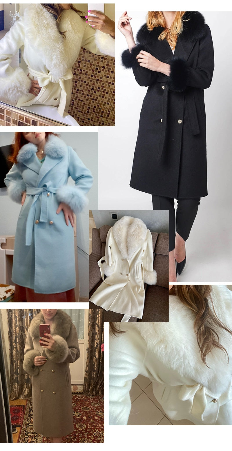 Women Light Blue Color Natural Fox Fur Collar Cashmere Wool Blends Long Winter Outerwear Streetwear  -  GeraldBlack.com