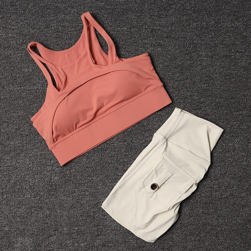 Women Light Ivory High Waist Sports Pocket Shorts With Coral Sports Bra Sportswear Gym Workout Cycling Fitness Yoga Outfit Clothes  -  GeraldBlack.com