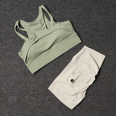 Women Light Ivory High Waist Sports Pocket Shorts With Green Sports Bra Sportswear Gym Workout Cycling Fitness Yoga Outfit Clothes  -  GeraldBlack.com
