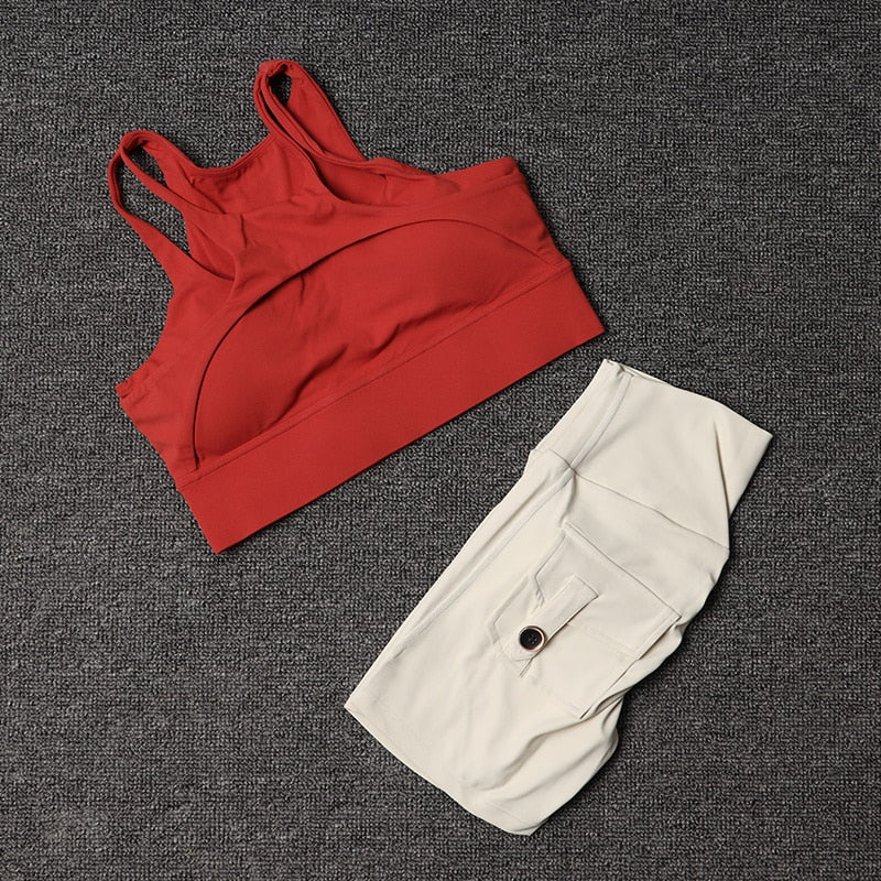 Women Light Ivory High Waist Sports Pocket Shorts With Red Sports Bra Sportswear Gym Workout Cycling Fitness Yoga Outfit Clothes  -  GeraldBlack.com