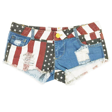 Women Mid Waist Jeans Fashion USA Flag Printed Denim Pole Dance Skinny Hole Short Pants S-XXL  -  GeraldBlack.com