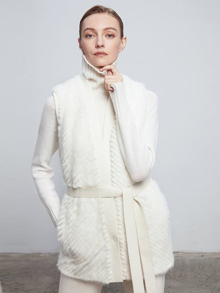 Women Natural Redal Knitted Mink Fur Vest With Belt Beautiful Mink Fur Jackets For Winter  -  GeraldBlack.com