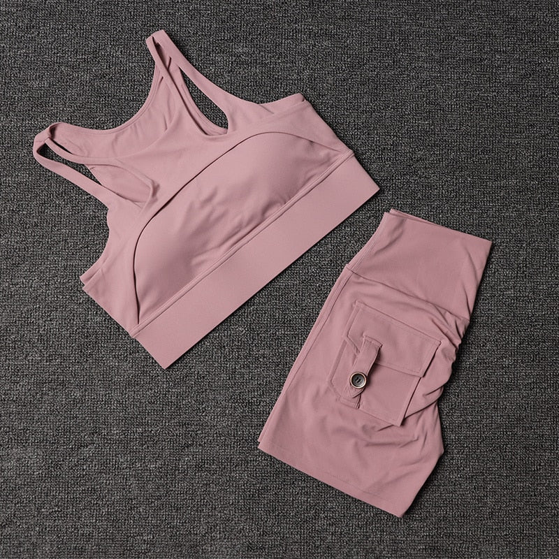 Women Pink High Waist Sports Pocket Shorts With Sports Bra Sportswear Gym Workout Cycling Fitness Yoga Outfit Clothes  -  GeraldBlack.com