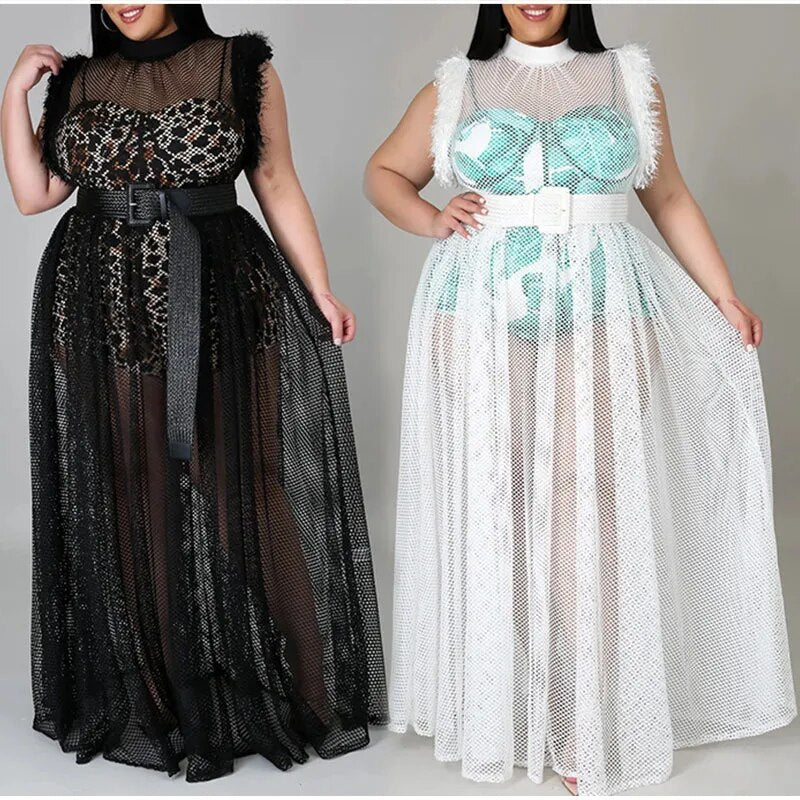 Women Plus Size Sexy Black Sheer Mesh Night Club Summer Leopard Lining Transparent Party White French Maxi Dresses  -  GeraldBlack.com