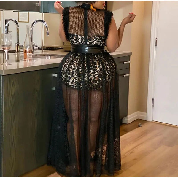 Women Plus Size Sexy Black Sheer Mesh Night Club Summer Leopard Lining Transparent Party White French Maxi Dresses  -  GeraldBlack.com