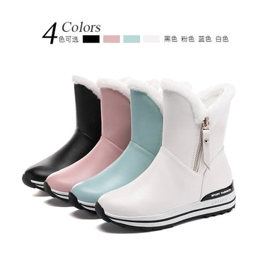 Women Plush White With Fur Winter Autumn Mid Calf Leather Snow Ankle Boots Waterproof High Shoes  -  GeraldBlack.com
