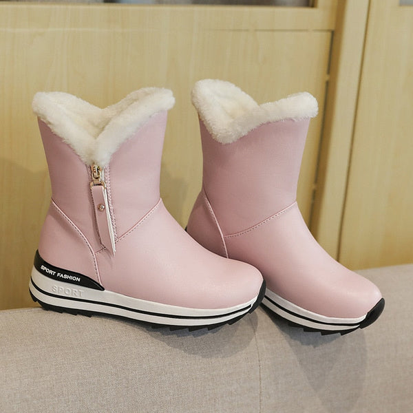Women Plush White With Fur Winter Autumn Mid Calf Leather Snow Ankle Boots Waterproof High Shoes  -  GeraldBlack.com