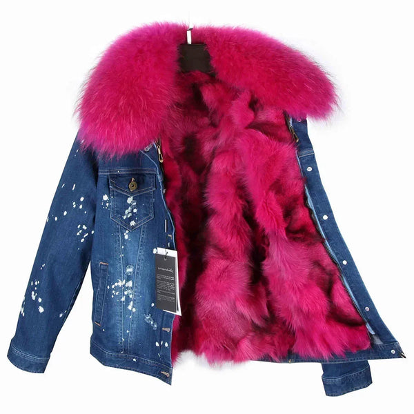Women Real Fox Fur Lining Denim Large Raccoon Fur Collar Winter Coat Jacket  -  GeraldBlack.com