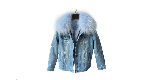 Women Real Fox Fur Lining Denim Large Raccoon Fur Collar Winter Coat Jacket  -  GeraldBlack.com