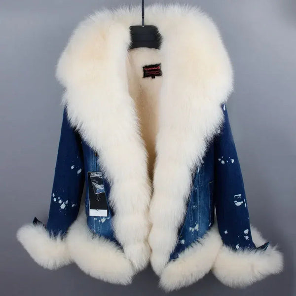 Women Real Natural Raccoon Fox Fur Collar Denim Short Winter Coat  -  GeraldBlack.com