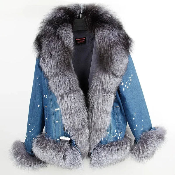 Women Real Natural Raccoon Fox Fur Collar Denim Short Winter Coat  -  GeraldBlack.com