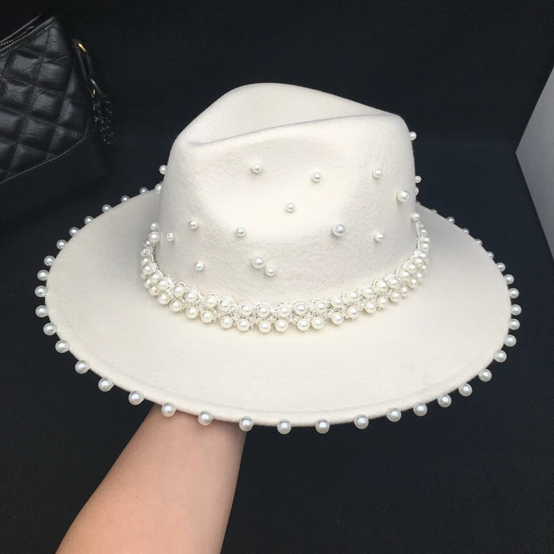 Women's autumn winter white wool with many pearls hand-made fashion French style Fedora caps  -  GeraldBlack.com