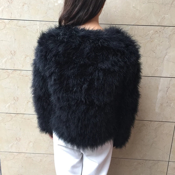 Women's Black Ostrich Fur Feather Short Furry Fluffy Plus Size Puffy Turkey Fur Party Long Sleeve Winter Coat Outerwear  -  GeraldBlack.com