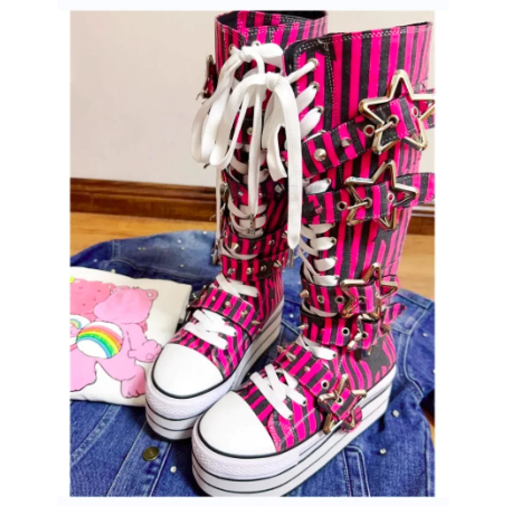 Women's Canvas Striped Metal Star Belt Buckle Lace-up Round Toe Long Boots  -  GeraldBlack.com