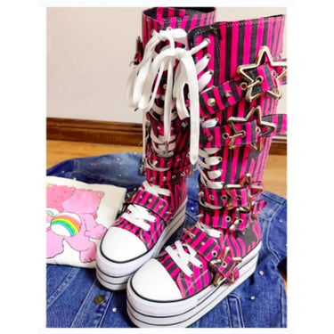 Women's Canvas Striped Metal Star Belt Buckle Lace-up Round Toe Long Boots  -  GeraldBlack.com
