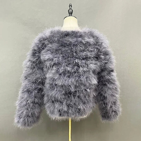 Women's Dark Gray Ostrich Fur Feather Short Furry Fluffy Plus Size Puffy Turkey Fur Party Long Sleeve Winter Coat Outerwear  -  GeraldBlack.com