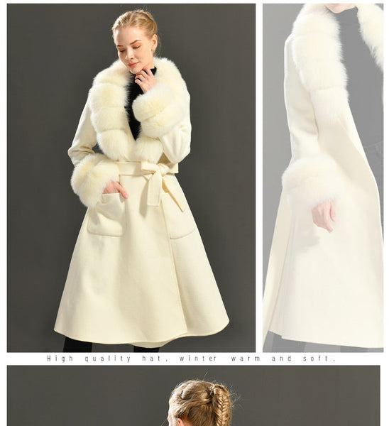 Women's Elegant Long Wool Solid Color Full Sleeves Chic Outerwear Coat with Belt Autumn Winter  -  GeraldBlack.com