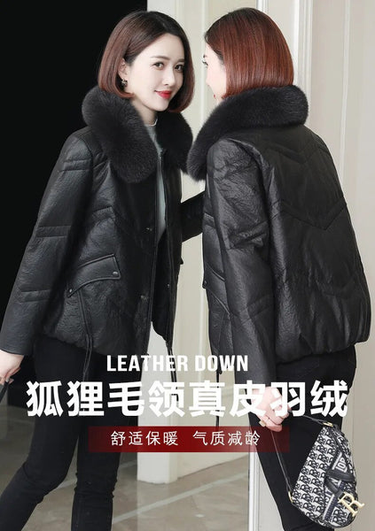 Women’s Genuine Leather Down Fox Fur Collar Real Leather Sheepskin Winter Coat  -  GeraldBlack.com