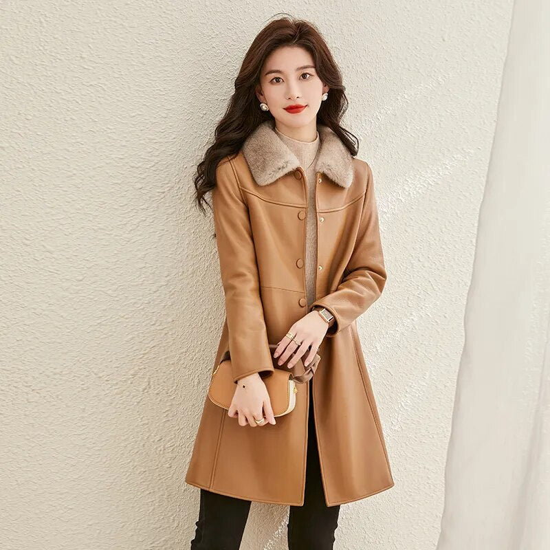 Women's Genuine Leather Elegant Solid Long Mink Fur Collar Real Sheepskin Winter Coat  -  GeraldBlack.com