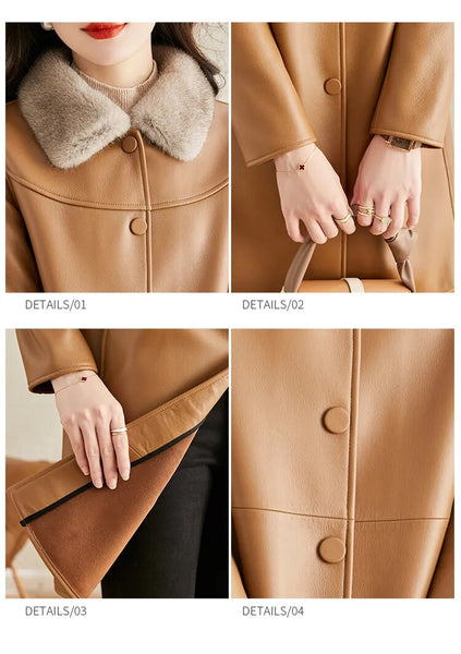Women's Genuine Leather Elegant Solid Long Mink Fur Collar Real Sheepskin Winter Coat  -  GeraldBlack.com