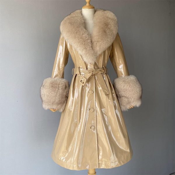 Women's Genuine Leather Long Winter Plus Size Sheepskin With Real Fox Fur Collar Outwear Jacket  -  GeraldBlack.com