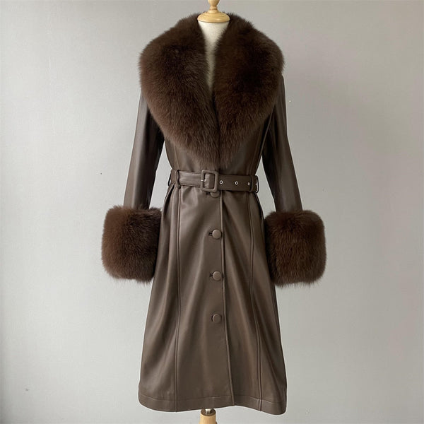 Women's Genuine Leather Long Winter Plus Size Sheepskin With Real Fox Fur Collar Outwear Jacket  -  GeraldBlack.com
