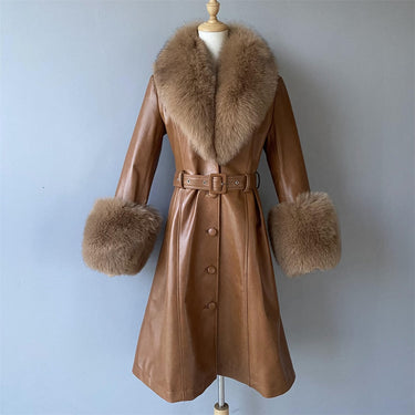 Women's Genuine Leather Long Winter Trench Plus Size Sheepskin With Real Fox Fur Collar Outwear Jacket  -  GeraldBlack.com