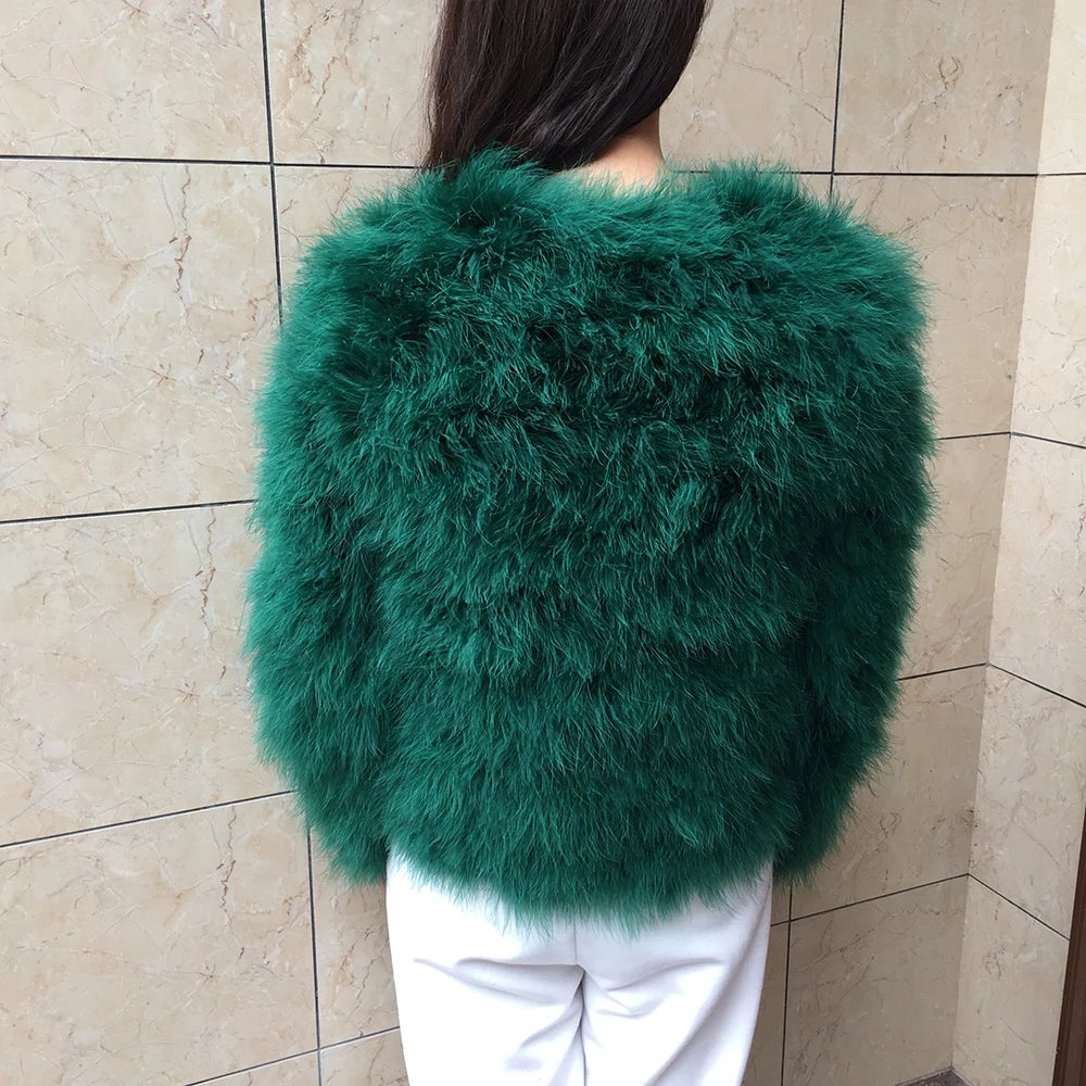 Women's Green Ostrich Fur Feather Short Furry Fluffy Plus Size Puffy Turkey Fur Party Long Sleeve Winter Coat Outerwear  -  GeraldBlack.com