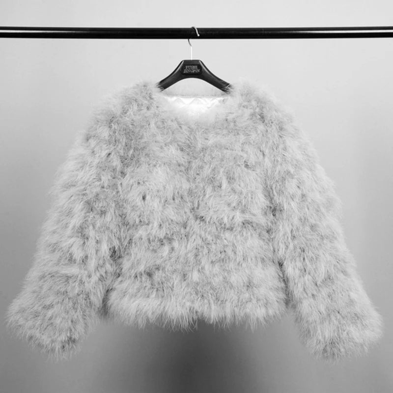 Women's Light Gray Ostrich Fur Feather Short Furry Fluffy Plus Size Puffy Turkey Fur Party Long Sleeve Winter Coat Outerwear  -  GeraldBlack.com