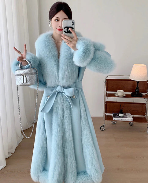Women's Long Real Wool Goose Down Real Fox Fur Soft Warm Trench Overcoat Winter Autumn  -  GeraldBlack.com