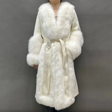 Women's Long Real Wool Goose Down Real Fox Fur Soft Warm Trench Overcoat Winter Autumn  -  GeraldBlack.com