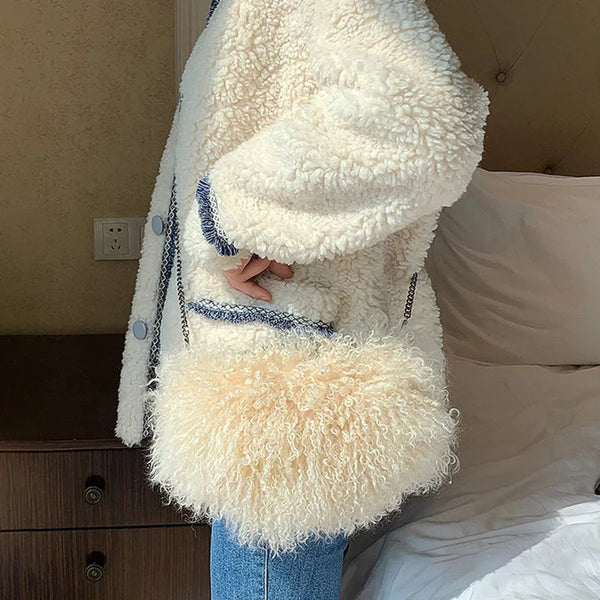 Women's Luxury Mongolian Sheep Fur Bag Design Winter Beach Wool Warm Fluffy Casual Chain Shoulder Handbags  -  GeraldBlack.com