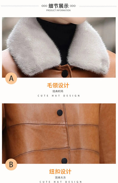 Women's Mink Fur Collar Sheepskin Leather Elegant Brown Winter Warm Long Down Jacket Clothes  -  GeraldBlack.com