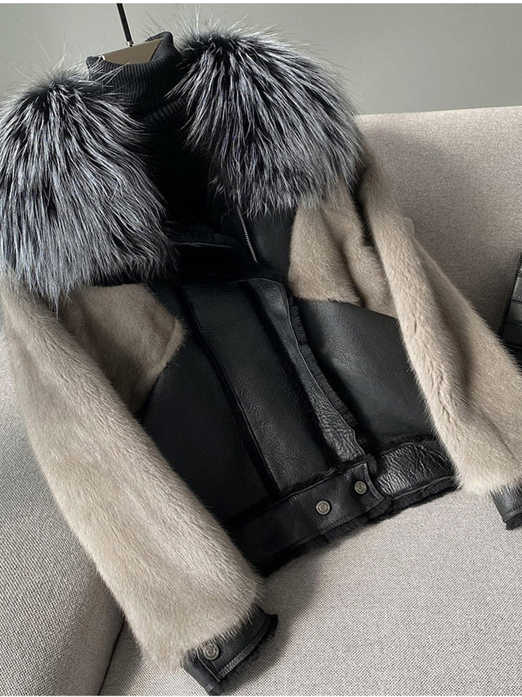 Women's Natural Mink Fox Fur Warm Winter Short  Fashion Genuine Leather Jackets  -  GeraldBlack.com