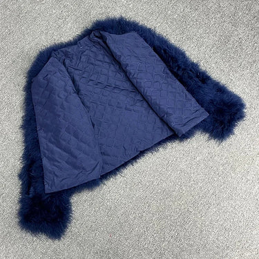 Women's Navy Blue Ostrich Fur Feather Short Furry Fluffy Plus Size Puffy Turkey Fur Party Long Sleeve Winter Coat Outerwear  -  GeraldBlack.com
