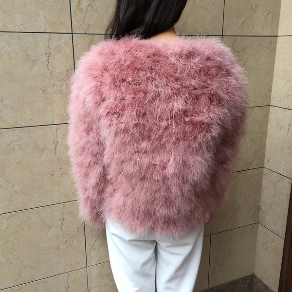 Women's Pink Ostrich Fur Feather Short Furry Fluffy Plus Size Puffy Turkey Fur Party Long Sleeve Winter Coat Outerwear  -  GeraldBlack.com