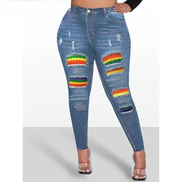 Women's Plus Size Sexy Rainbow Print Ripped High Rise Medium Stretch Button Fly Pocketed Skinny Jeans  -  GeraldBlack.com