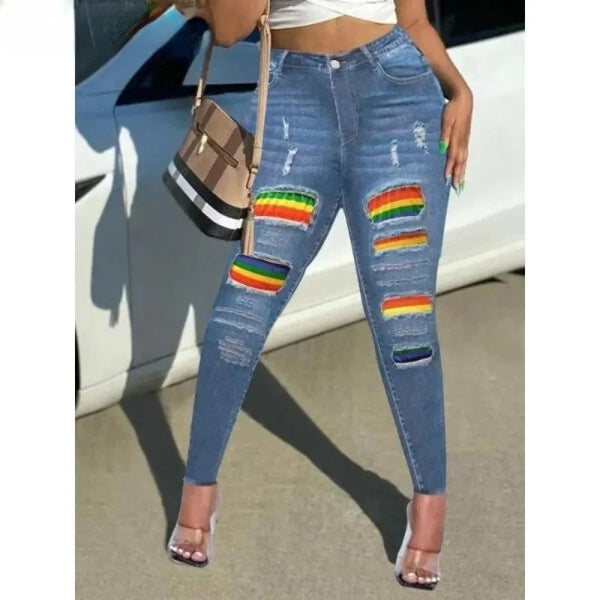 Women's Plus Size Sexy Rainbow Print Ripped High Rise Medium Stretch Button Fly Pocketed Skinny Jeans  -  GeraldBlack.com