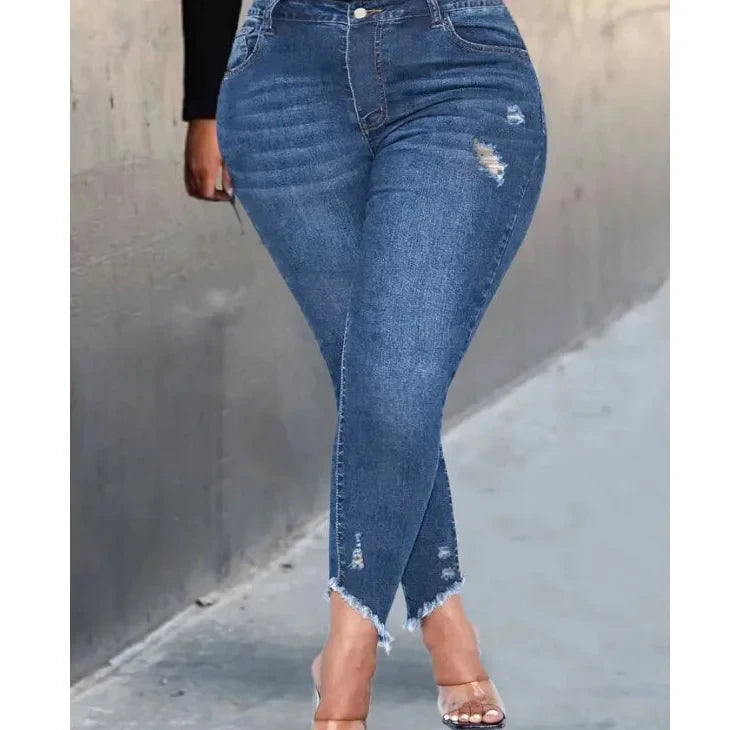 Women's Plus Size  Solid Ripped Raw Trim High Rise Medium Stretch Skinny  Jeans  -  GeraldBlack.com