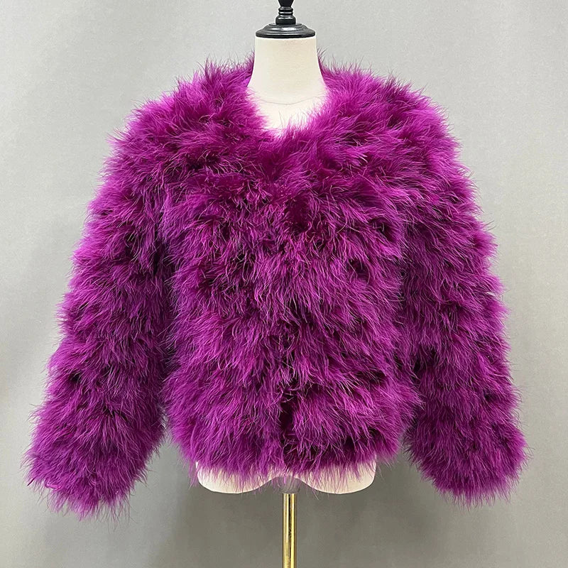 Women's Purple Ostrich Fur Feather Short Furry Fluffy Plus Size Puffy Turkey Fur Party Long Sleeve Winter Coat Outerwear  -  GeraldBlack.com
